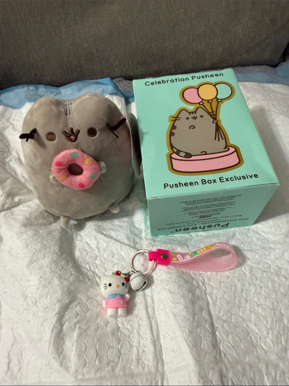 Pusheen Gray Plush with Pink Donut and Pink Hello Kitty Keychain
